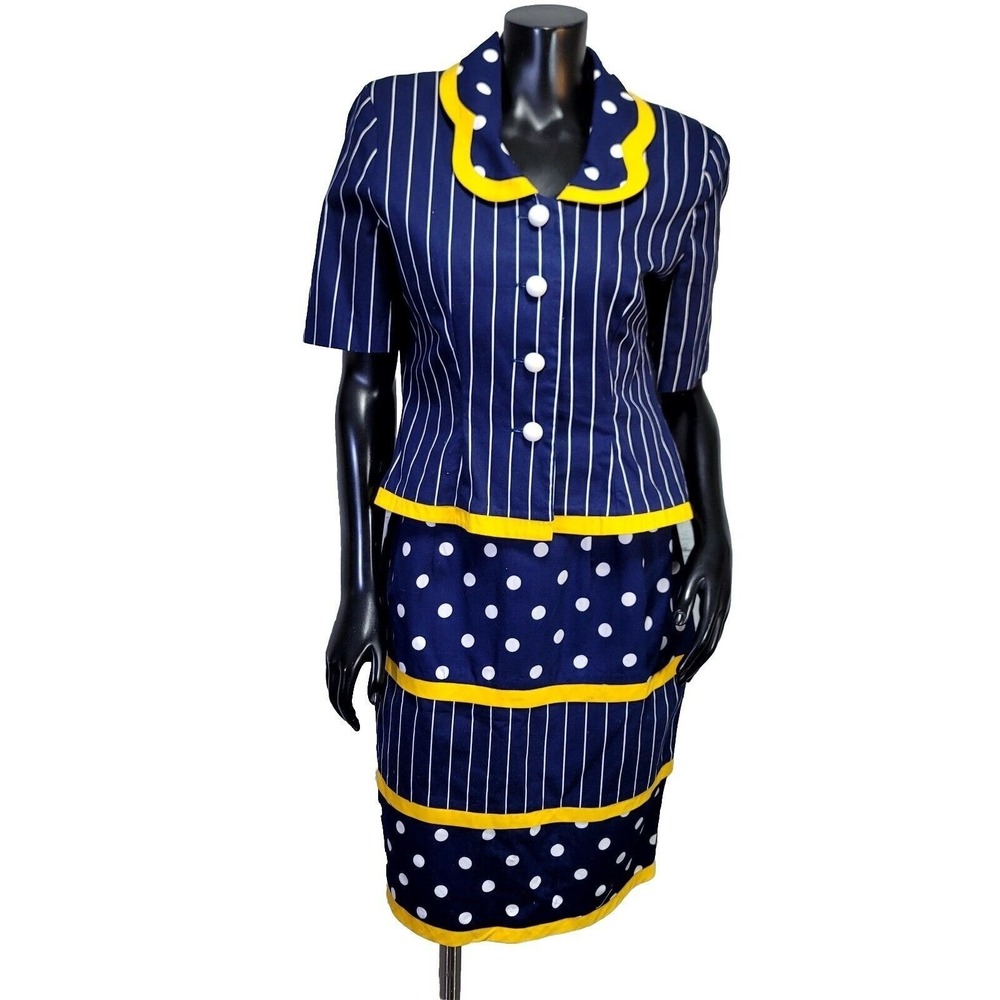 Vintage Leslie Lucks 80s Polka Dot Stripe Skirt Suit Set 12P Navy Yellow USA